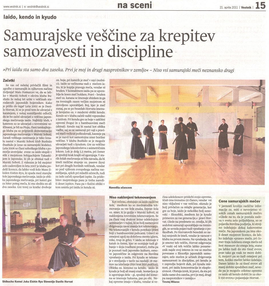 Artikel in der Zeitung Vestnik über Samurai-Künste.